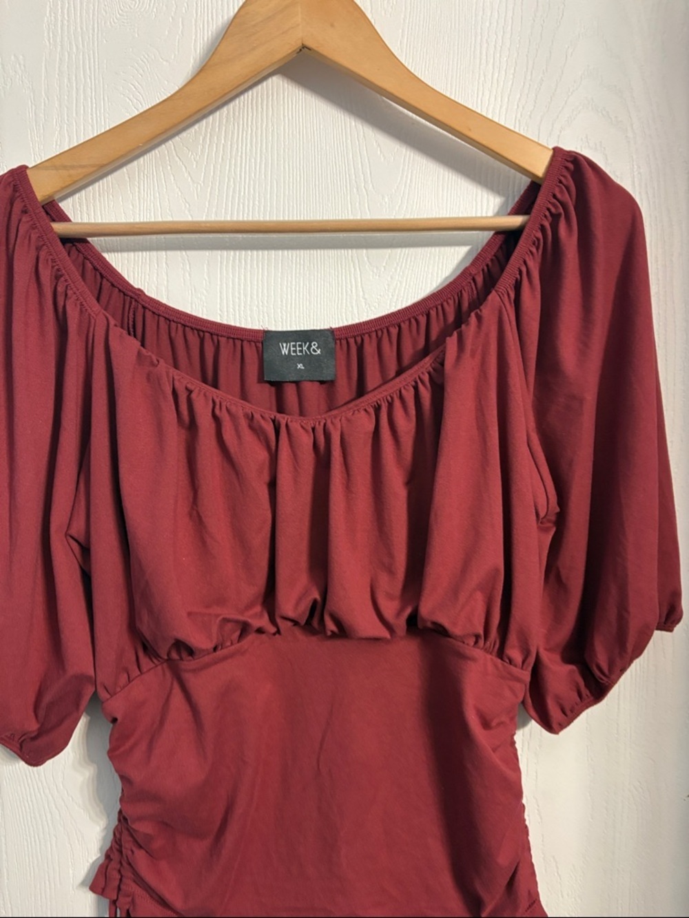 Weekday Burgundy Off-Shoulder Puff-Sleeve Ruched Tie Blouse - Picture 5 of 9